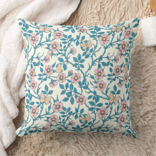 Wilde rozen en vlinders /roze/blauw/crème kussen