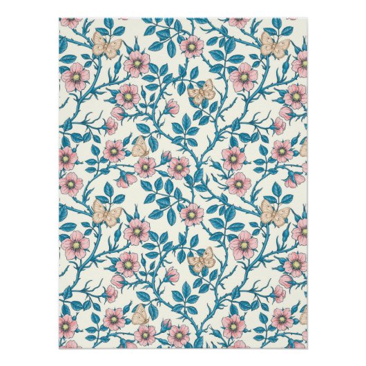 Wilde rozen en vlinders /roze/blauw/crème perfect poster (Voorkant)