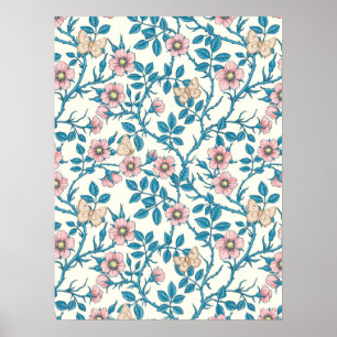 Wilde rozen en vlinders /roze/blauw/crème poster
