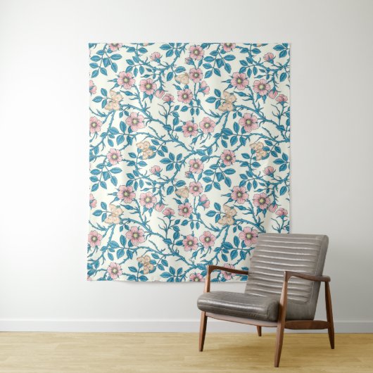 Wilde rozen en vlinders /roze/blauw/crème wandkleed (In situ)