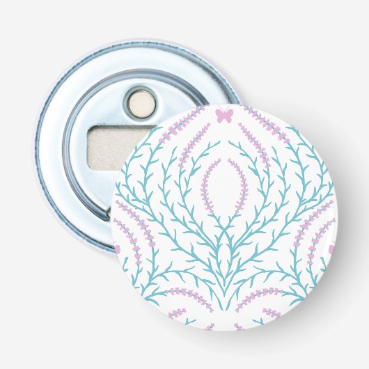 Wilde rozen en vlinders /roze/lichtgroen/geel button flesopener (Voorkant)