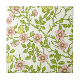 Wilde rozen en vlinders /roze/lichtgroen/geel tegeltje
