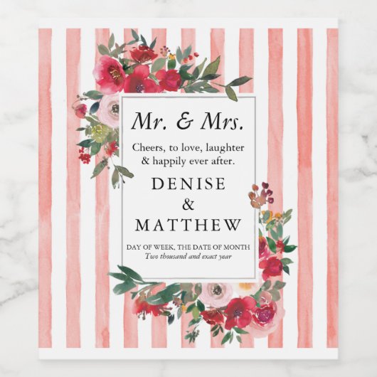 Wilde Rozen en woestijnfluitroze strepen Wijnlabel Wijn Etiket (Enkel label)