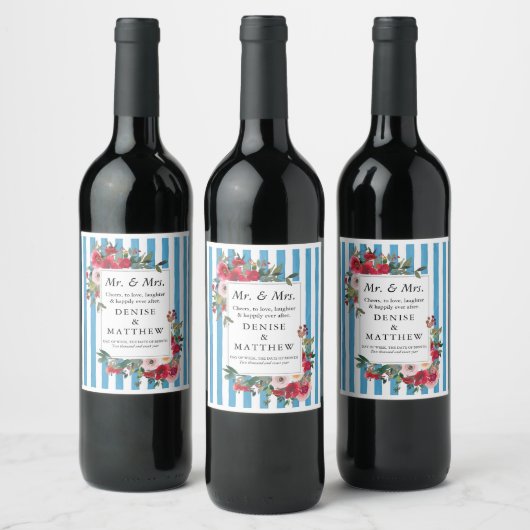 Wilde Rozen & Grotto Blue Stripe Wine Label Wijn Etiket (Flessen)