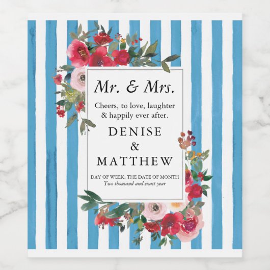 Wilde Rozen & Grotto Blue Stripe Wine Label Wijn Etiket