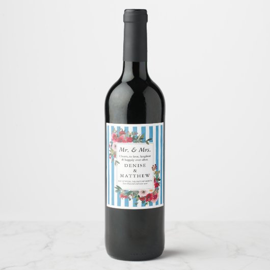 Wilde Rozen & Grotto Blue Stripe Wine Label Wijn Etiket (Voorkant)