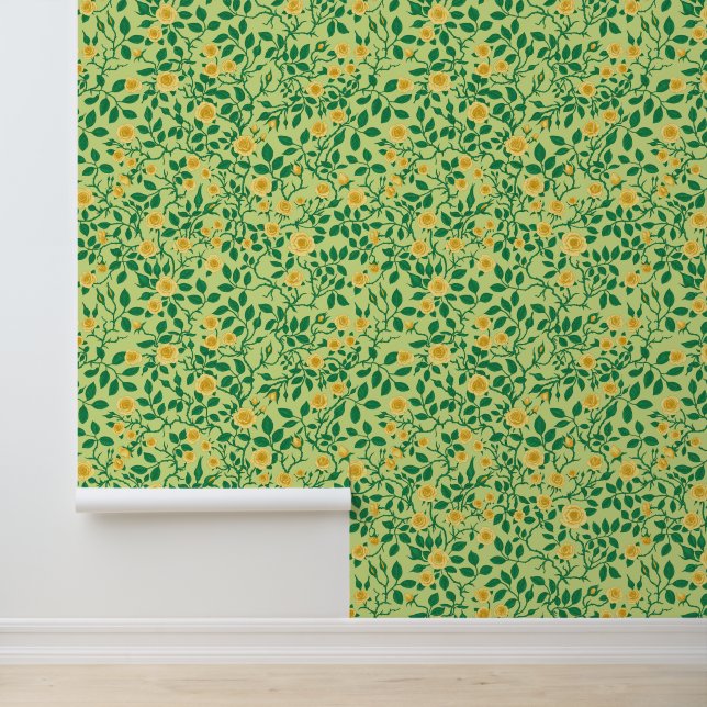 Wilde rozen in geel en groen behang (Applicatie)