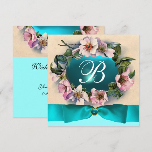 WILDE ROZEN MET AQUA BLUE, BLAUWGROEN RIBBON, MONO KAART (Voorkant / Achterkant)