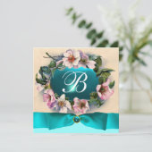 WILDE ROZEN MET AQUA BLUE, BLAUWGROEN RIBBON, MONO KAART (Staand voorkant)