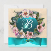 WILDE ROZEN MET AQUA BLUE, BLAUWGROEN RIBBON, MONO KAART (Voorkant)