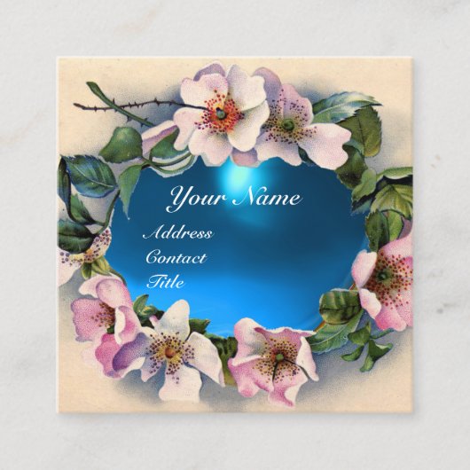 WILDE ROZEN MET AQUA BLUE GEM STONE MONOGRAM VIERKANTE VISITEKAARTJE (Voorkant)