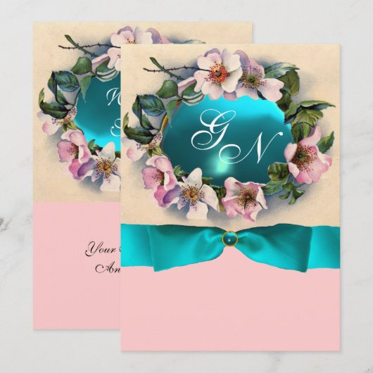WILDE ROZEN MET BLAUWGROEN BLAUWE RIBBON, MONOGRAM KAART (Voorkant / Achterkant)