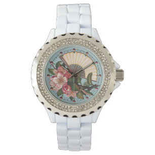 WILDE ROZEN MET FAN Pink Blue Floral Horloge