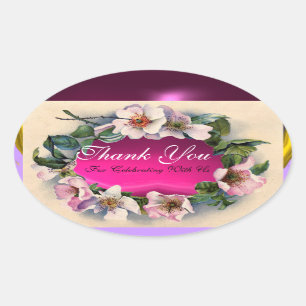 WILDE ROZEN MET PINK FUCHSIA GEM STONE, Dank u Ovale Sticker