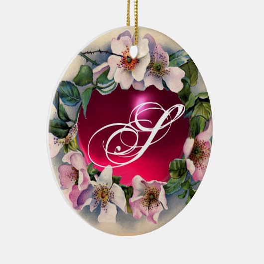 WILDE ROZEN MET PINK FUCHSIA GEM STONE MONOGRAM KERAMISCH ORNAMENT (Rechts)
