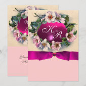 WILDE ROZEN MET PINK RIBBON,MONOGRAM KAART (Voorkant / Achterkant)