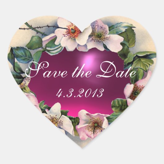 WILDE ROZEN MET ROZE FUCHSIA GEM STONE Save Date Hart Sticker (Voorkant)