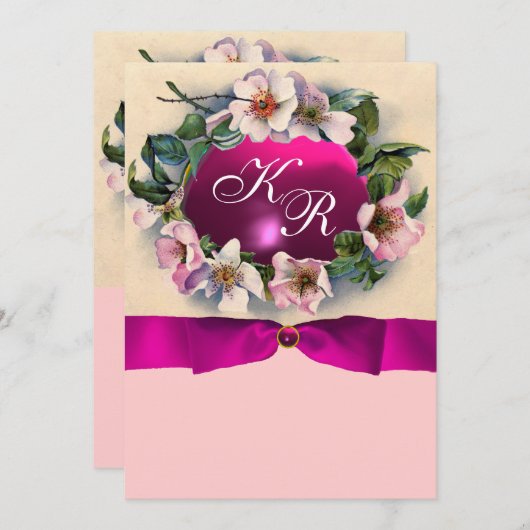 WILDE ROZEN MET ROZE LINT , MONOGRAM KAART (Voorkant / Achterkant)