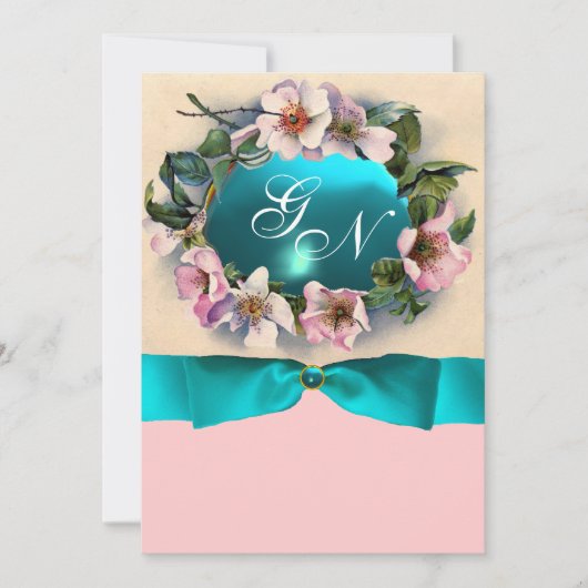 WILDE ROZEN MET TURKOOIS BLAUWE LINT , MONOGRAM KAART (Voorkant)