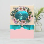WILDE ROZEN MET TURKOOIS BLAUWE LINT , MONOGRAM KAART (Staand voorkant)
