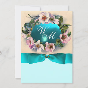 WILDE ROZEN MET TURQUOISE BLAUWE LINTEN , MONOGRAM KAART