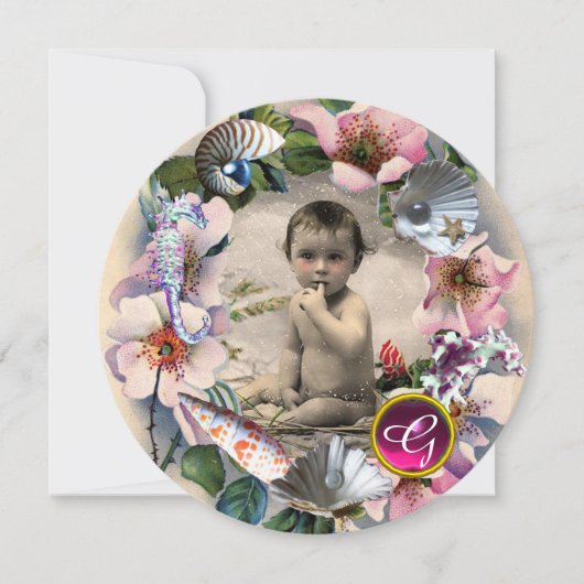WILDE ROZEN, SEA SHELLS BABY SHOWER FOTO TEMPLATE KAART (Voorkant)