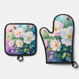 Wilde Rozen Wit Roze Blauw Turquoise Paars Waterve Ovenwant & Pannenlap Set