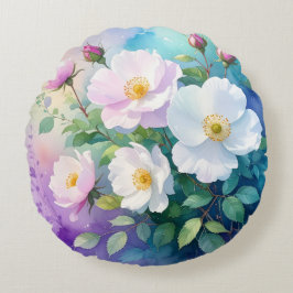 Wilde Rozen Wit Roze Blauw Turquoise Paars Waterve Rond Kussen