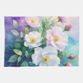 Wilde Rozen Wit Roze Blauw Turquoise Paars Waterve Theedoek