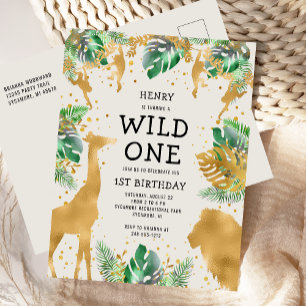 Wilde Safari 1e Verjaardag Groen Goud Ecru Uitnodiging Briefkaart