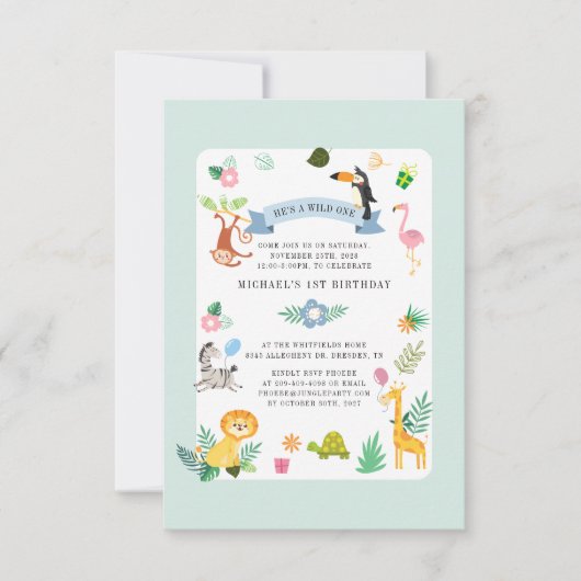 Wilde Safari Dieren 1e verjaardag Oerwoud Partij Kaart (Voorkant)