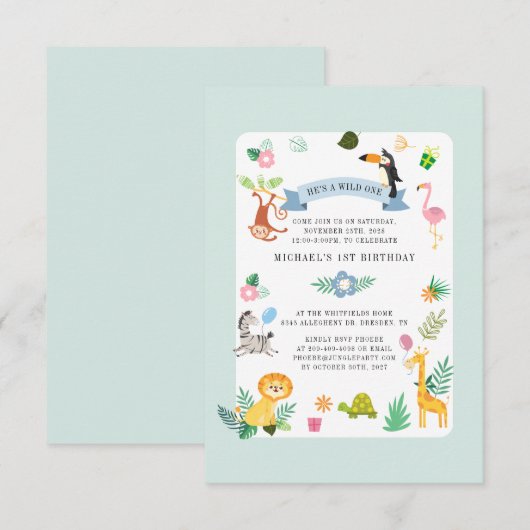 Wilde Safari Dieren 1e verjaardag Oerwoud Partij Kaart (Voorkant / Achterkant)