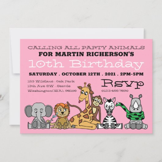 Wilde Safari Dieren, Birthday Party van Kind Kaart (Voorkant)