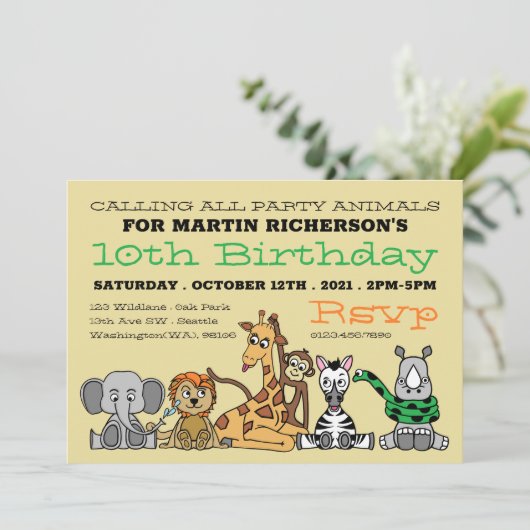 Wilde Safari Dieren, Birthday Party van Kind Kaart (Staand voorkant)