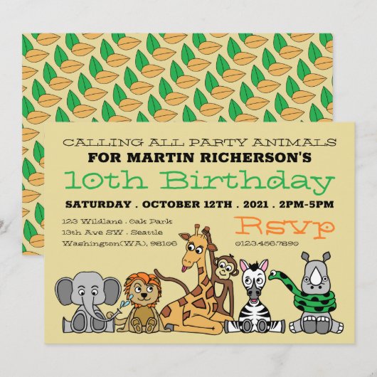 Wilde Safari Dieren, Birthday Party van Kind Kaart (Voorkant / Achterkant)