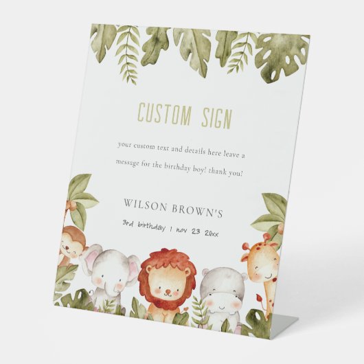 Wilde Safari Dieren Kinderen van Birthday - Aangep Reclamebord Met Voetstuk (Voorkant)