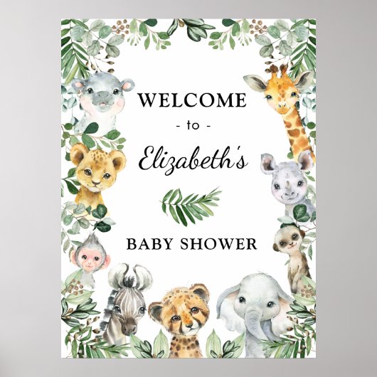 Wilde Safari Dieren Landelijke Groene Baby Welkom Poster (Voorkant)