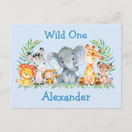 Wilde Safari Dieren Verjaardagsuitnodiging Blauw Briefkaart