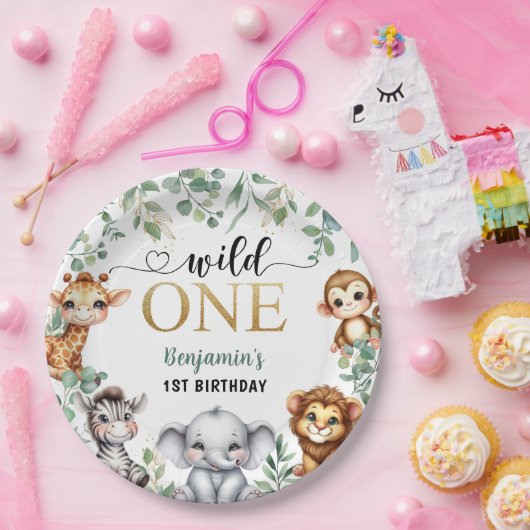 Wilde | Safari Oerwoud Dieren 1e Verjaardag Papieren Bordje (Feest)