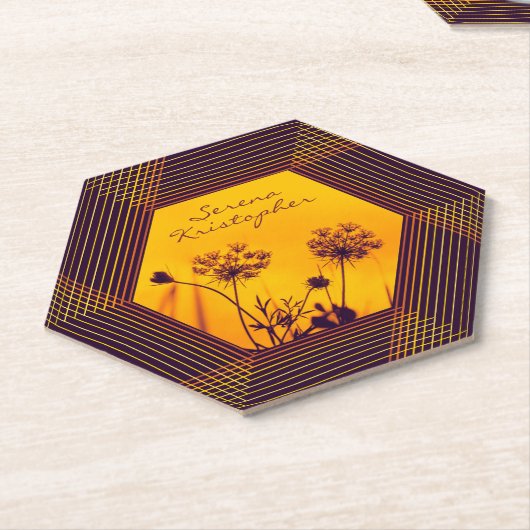 Wilde Schermbloemen Omlijnd Paars en Goud Elegant Kartonnen Onderzetters (Schuin)