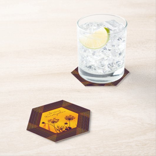 Wilde Schermbloemen Omlijnd Paars en Goud Elegant Kartonnen Onderzetters (Insitu)