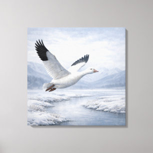 Wilde sneeuwgans vliegend in de winter canvas afdruk