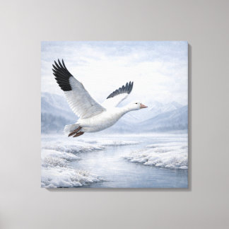 Wilde sneeuwgans vliegend in de winter canvas afdruk