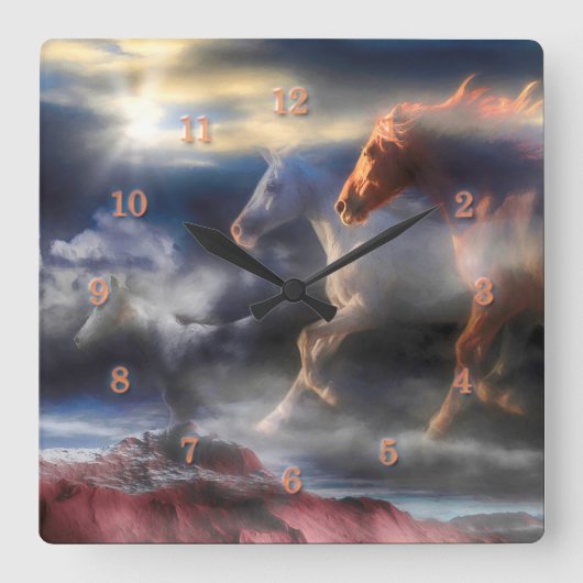 Wilde spiropaarden RUN TILL TOMORROW Square Wall  Vierkante Klok (Voorkant)