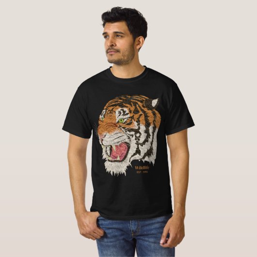 Wilde tijger EST 1993 moderne klassieke mannen zwa T-shirt (Voorkant volledig)