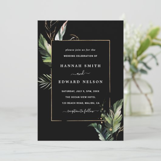 Wilde Tropische Blad Bruiloft Zwart Kaart (Staand voorkant)