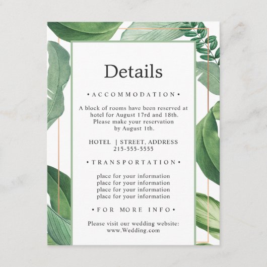 Wilde tropische natuur. Luxe bruiloft details Informatiekaartje (Voorkant)
