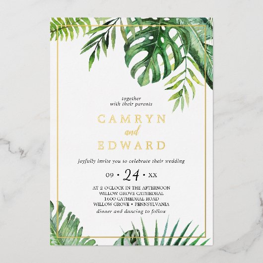 Wilde Tropische Palm Goud Folie Frame Casual Bruil Folie Uitnodiging (Voorkant)