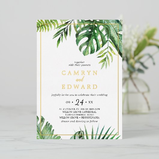 Wilde Tropische Palm Goud Folie Frame Casual Bruil Folie Uitnodiging (Staand Voorkant)