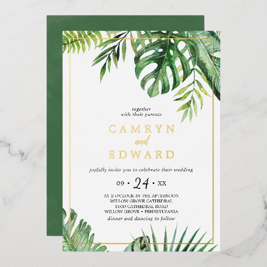 Wilde Tropische Palm Goud Folie Frame Casual Bruil Folie Uitnodiging (Voorkant / Achterkant)